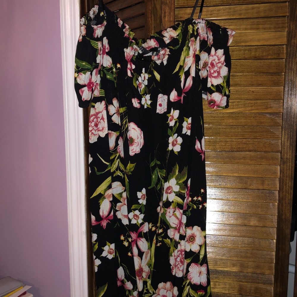 Black floral off the shoulders mini dress